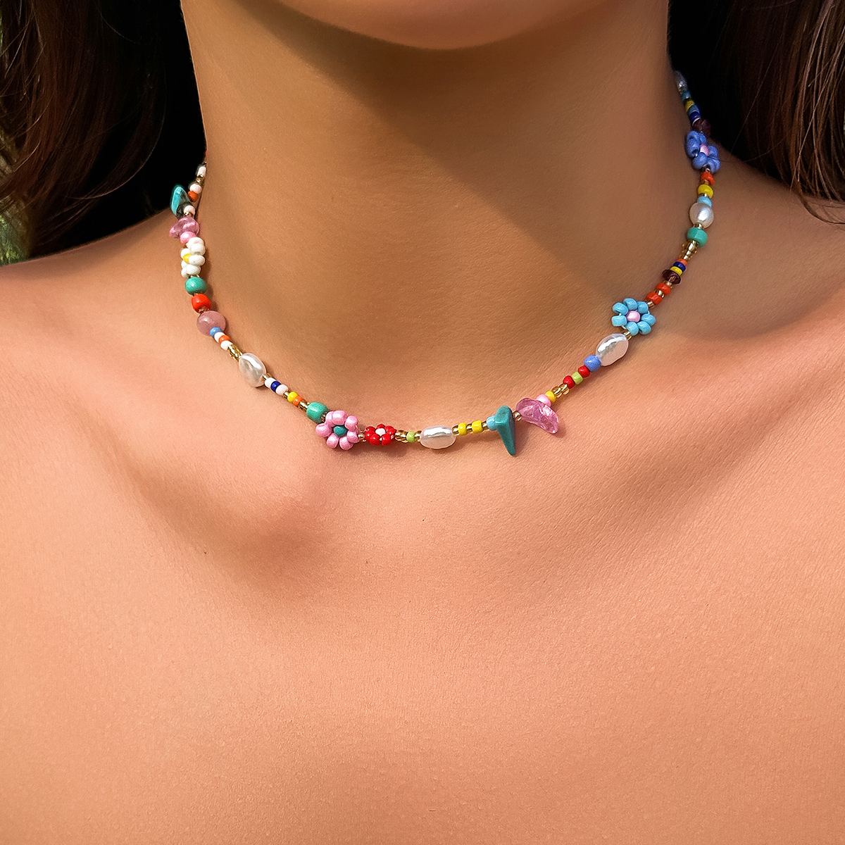 Salircon-Collar de perlas de imitación para mujer, Gargantilla de flores con cuentas tejidas a mano, Multicolor, estilo bohemio, joyería de fiesta, Y2K
