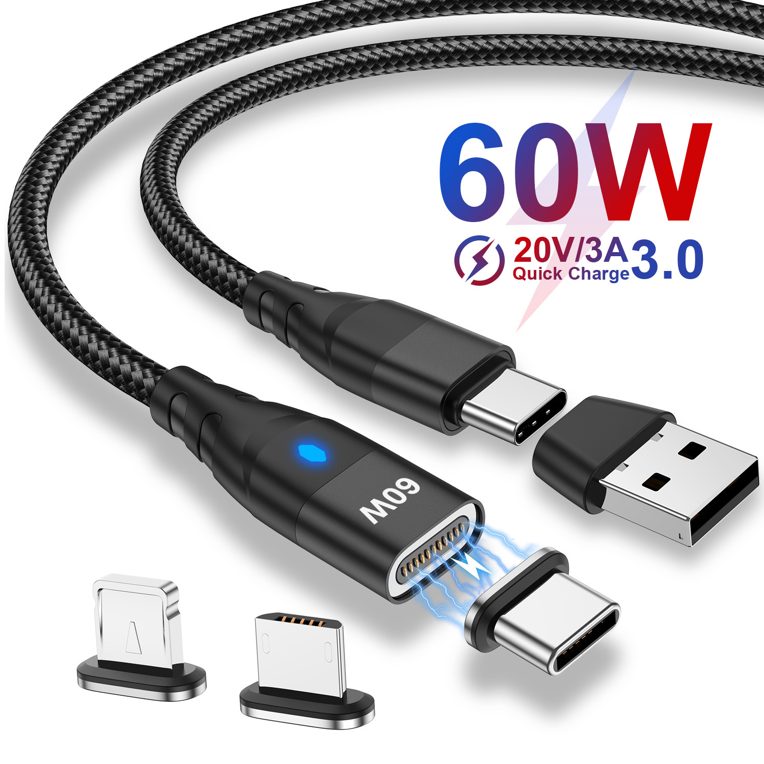 Cable magnético de 60W, carga rápida USB C a TypeC, Cable de datos Micro magnético para iPhone, Samsung, Cable de cargador magnético, adaptador USB A