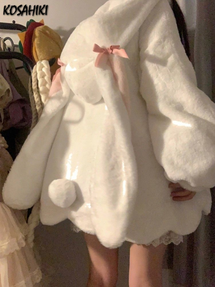 かわいいパッチワークルーズカジュアルフード付きコート日本のストリートファッションふわふわ新 Y2k 美的グランジポケット女性トップス