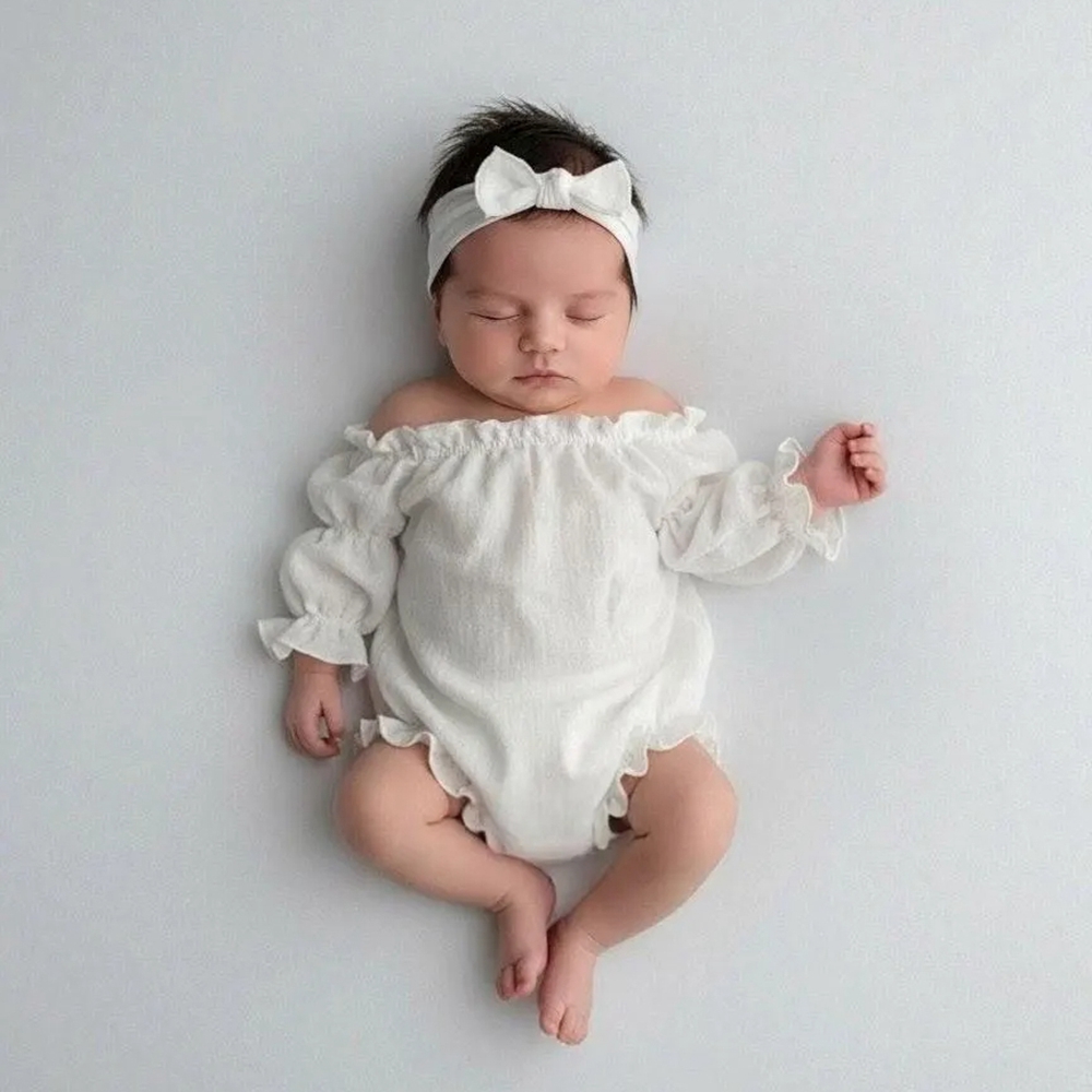 Conjunto de Acessórios para Fotografia de Recém-Nascidos com Macacão de Alça Caída e Laço - Roupa Perfeita para Sessão de Fotos de Bebê, Essenciais para Estúdio