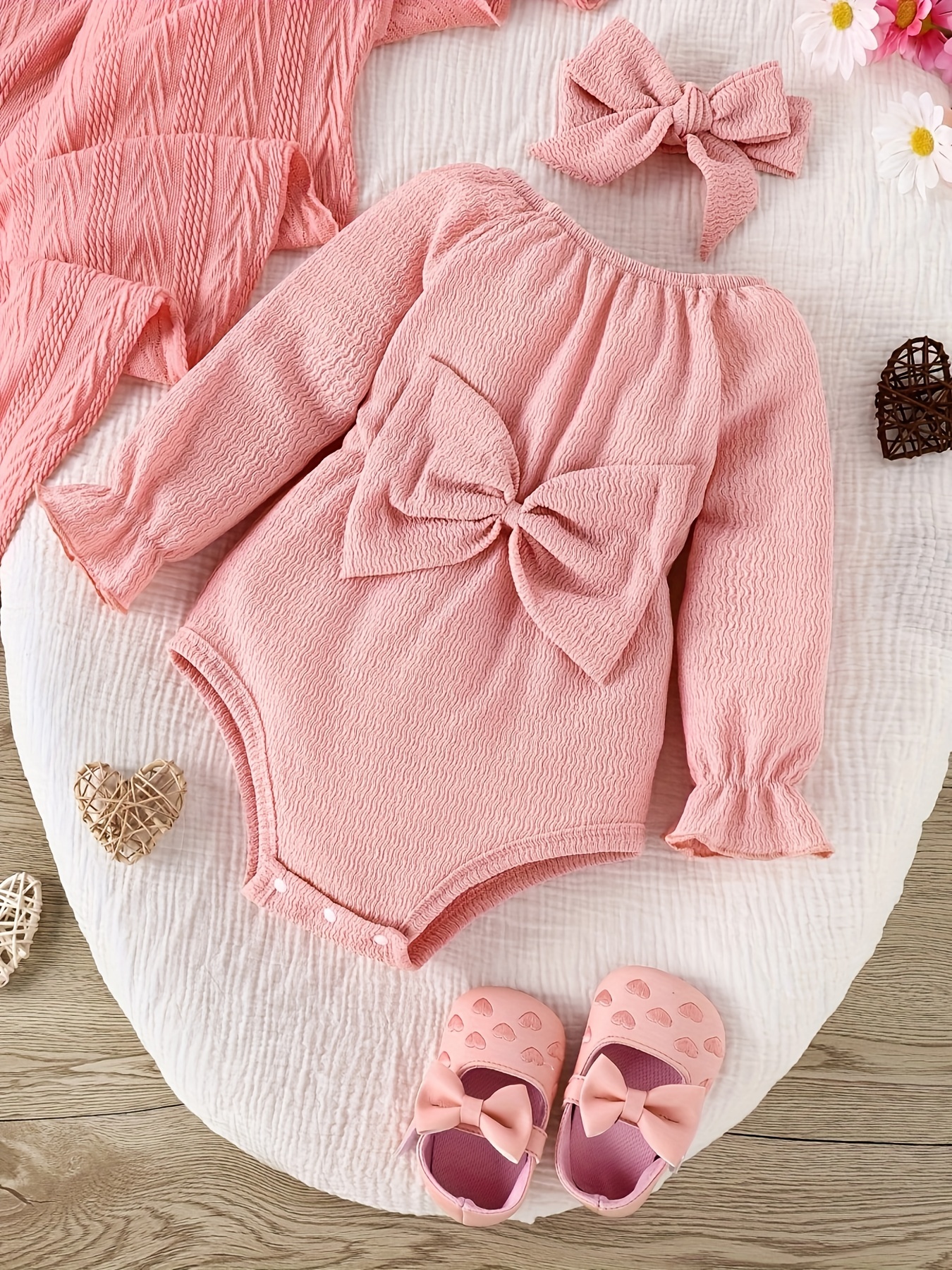 Ensemble 2 pièces rose à manches longues et mouchoir pour bébé, grenouillère mignonne, nœud de style étranger, mode douce, printemps et automne