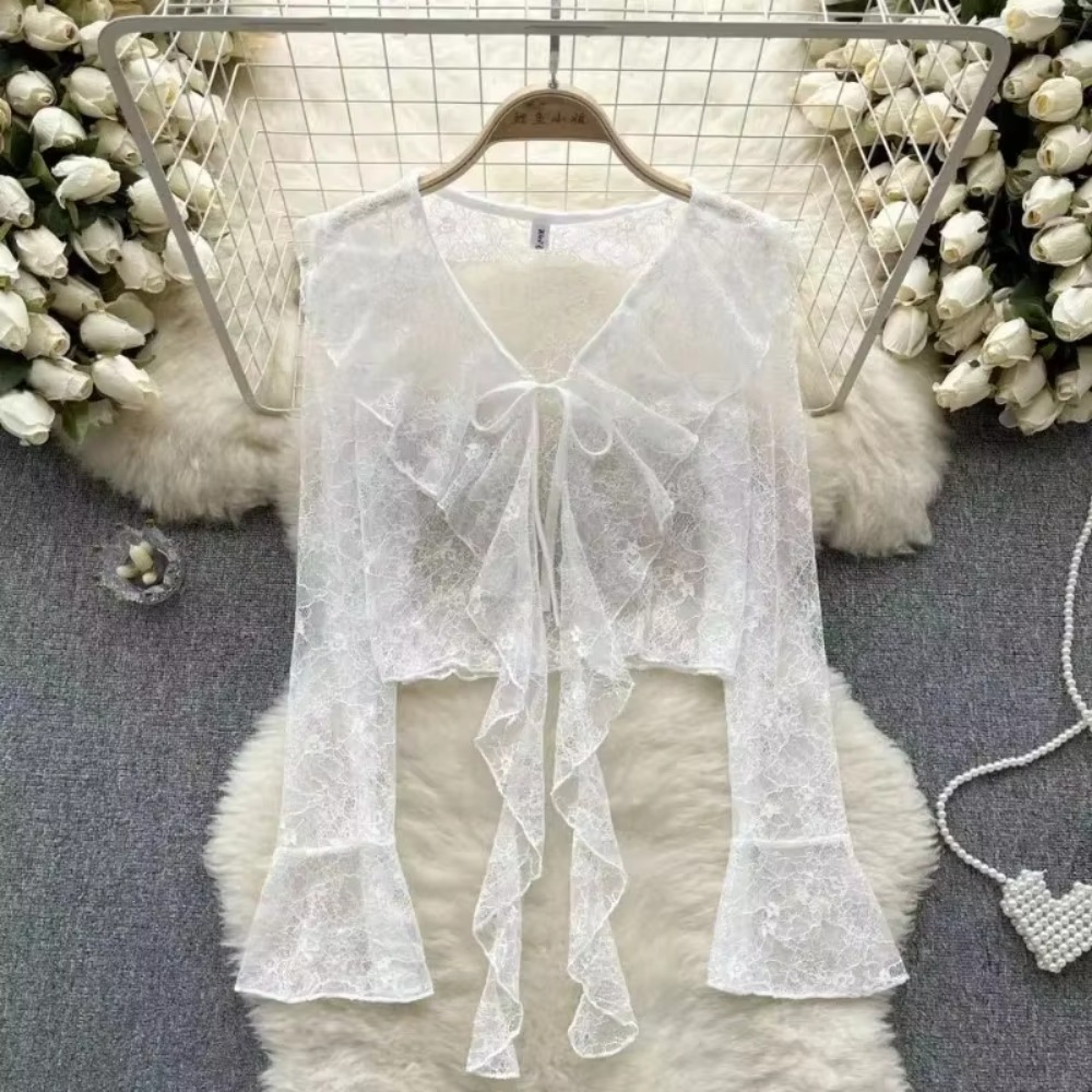 Summer Sweet Women Sun Protection Blouse Fashionable Bell Sleeve Lace Sheer Cardigan Tops Korean Elegant Ruffled V Neck Shirt