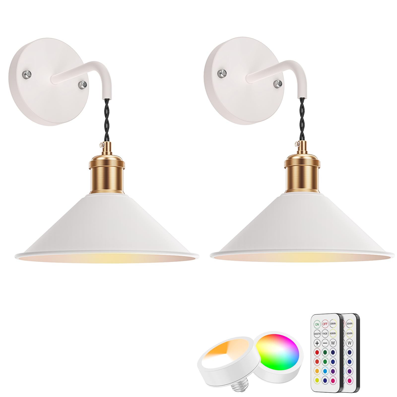 Zestaw 2 czarnych kinkiety ścienne na baterie z możliwością zdalnego ściemniania ciepła i oświetlenie RGB do sypialni i salony!