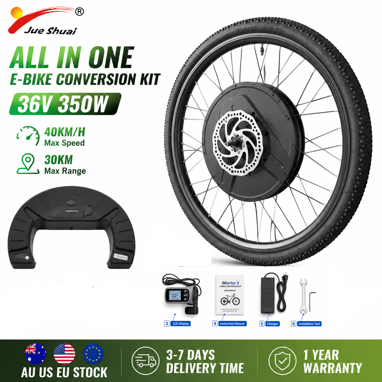 Kit Konversi E-Bike Baterai 7.2 AH Kecepatan Maksimum 40km/Jam, Kecepatan Maksimum 30KM Kit Motor Sepeda Listrik Roda Depan dengan Ban Rem Cakram Layar APP/LCD 36V 350W 26 inci 27.5 inci 700C 29 inci