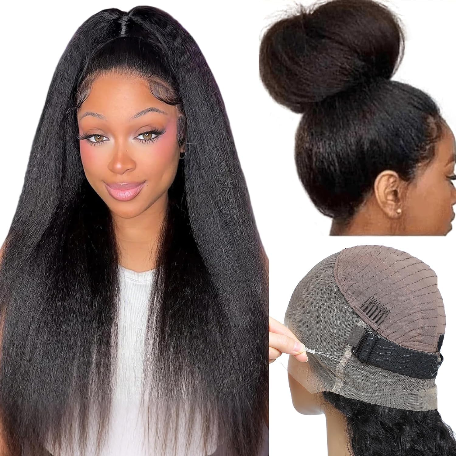 Perruques frontales 360 HD en dentelle complète, cheveux humains, texture Kinky Straight Yaki, pré-épilées, pré-coupées, avec sangle dissimulée et cordon de serrage invisible, densité 200, sans colle, pour femmes noires