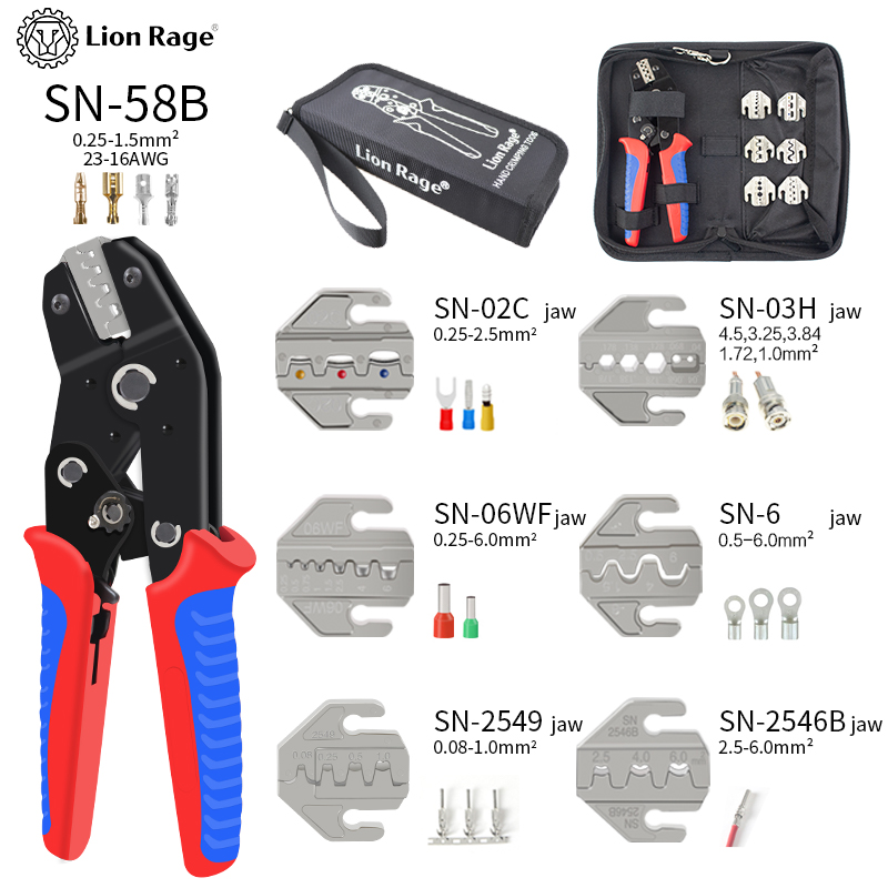 Kit de alicates de herramienta de prensado de trinquete SN-58B para terminales XH2.54/DuPont2.54/2,8/4,8/6,3/sin aislamiento/ferrola (0,25-1,5 mm 2) 23-16AWG