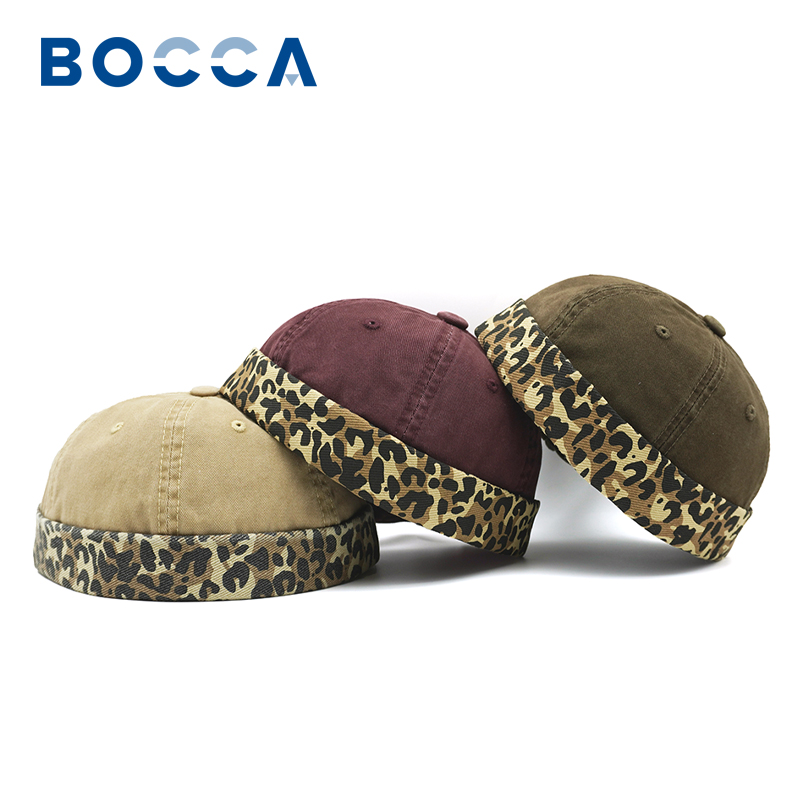 Bocca Leopard Print Docker Cap Splicing Patterns Brimless Caps Without Visor Washed Cotton Adjustable Beanie Hat Retro Style New