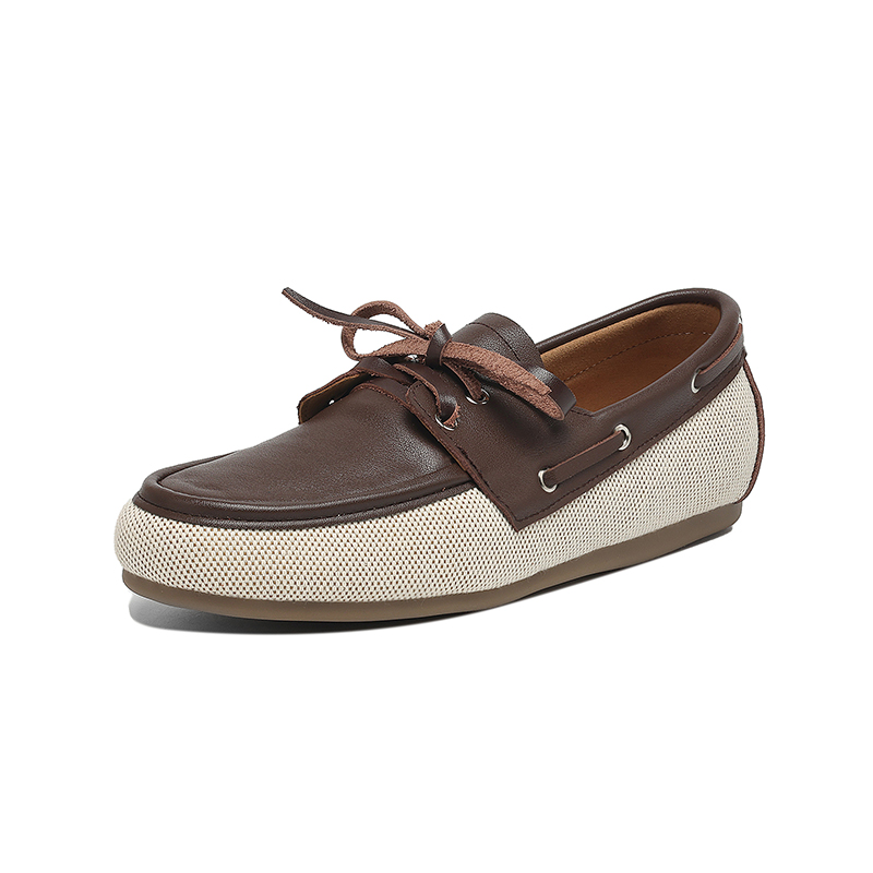 2025 NEUER TREND Elegante Herbst Echtes Kuh Leder Frauen Wohnungen Braun Beige Spleißen Lace Up Flache Schuhe Mode Runde Kappe Schuhe