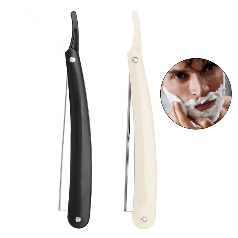 Afeitadora Manual profesional de borde recto, maquinilla de afeitar afilada de acero inoxidable, cortador de barba plegable con hoja