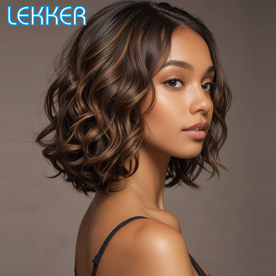 Peluca de cabello humano 100% brasileño Remy, corta y rizada, color marrón, con encaje frontal en forma de C, 13x1, sin pegamento, para mujeres.