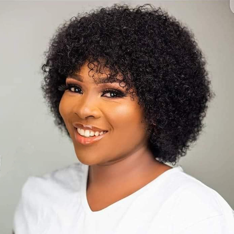 Peluca de cabello humano rizado Afro, Bob corto Afro para mujeres negras con flequillo, pelucas de cabello humano brasileño hechas a máquina prearrancadas