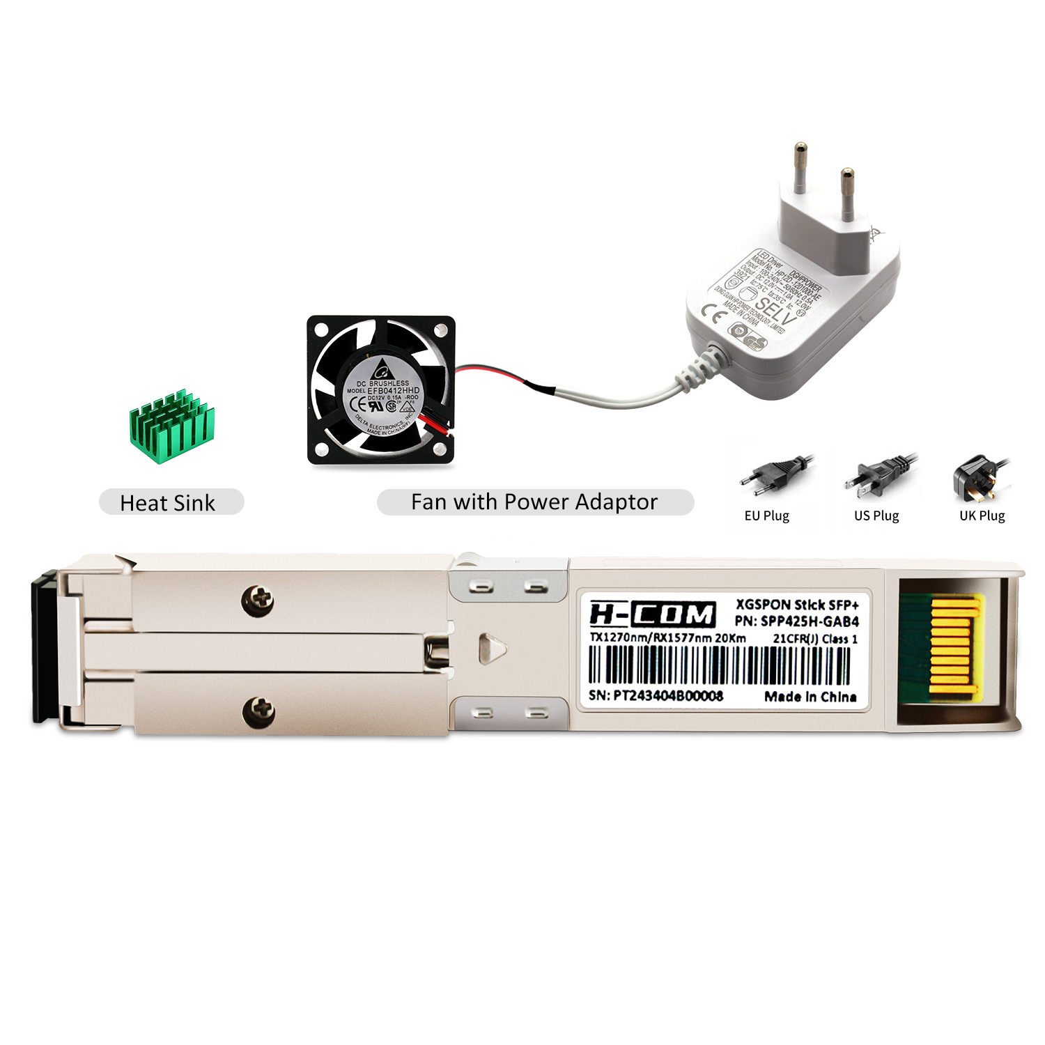 XGSPON ONU Stick SFP+ พร้อมพัดลม ติดตั้งล่วงหน้า 8311 Fimrware รองรับ IP SN MAC managerment, 10 กิกะไบต์/วินาที SC/APC 1270/1577nm SMF SFP ONT