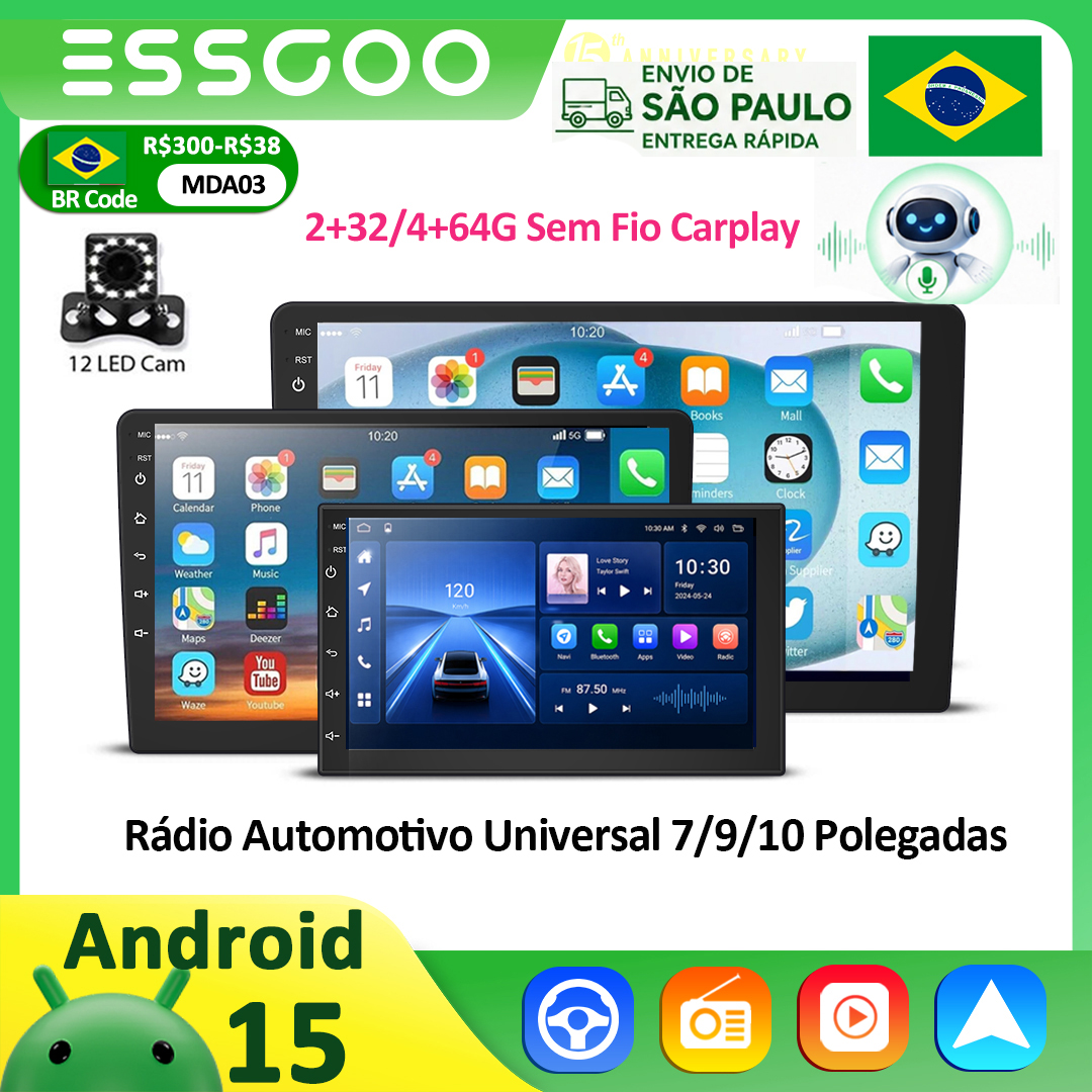 ESSGOO Radio Samochodowe Android 15 Carplay Auto Multimedia Video 7/9/10'' Uniwersalne Stereo do Volkswagen Nissan Hyundai Kia Toyota