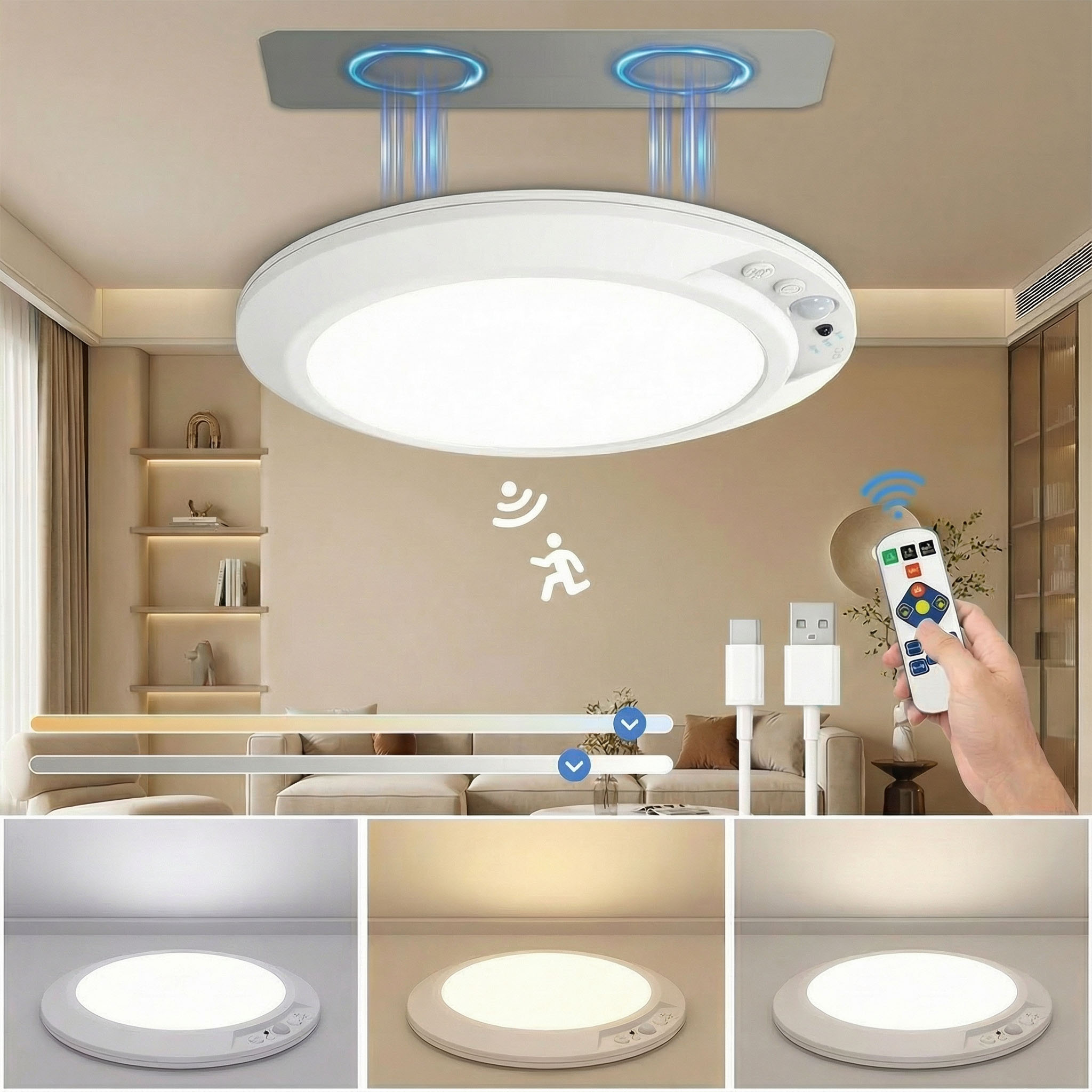 Luz de techo con Sensor de movimiento, lámpara magnética recargable por USB tipo C, lámpara de pared inalámbrica, luz LED nocturna con control remoto para cocina y guardarropa
