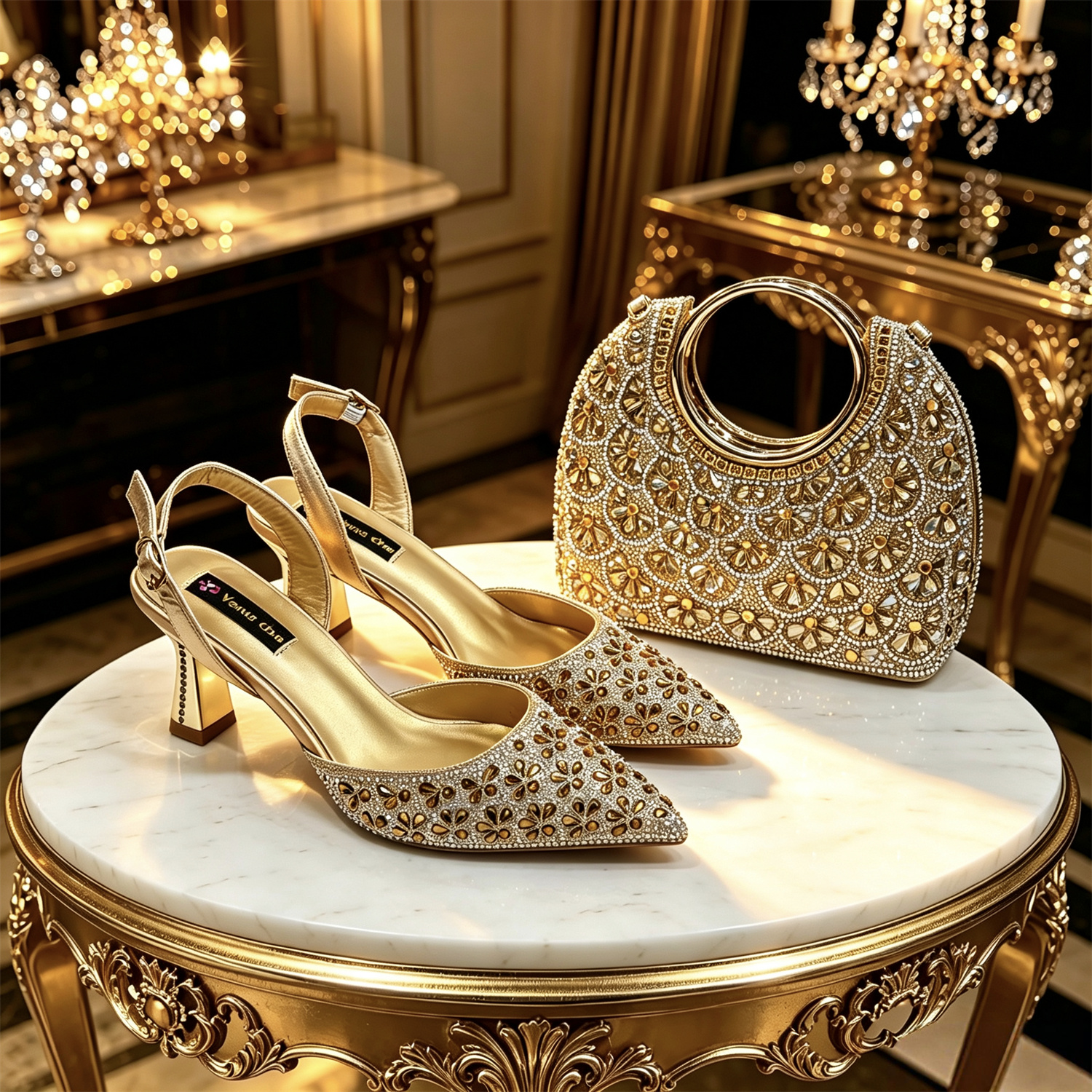 Nieuwe Italiaanse pumps en tas voor feestjes 2026 INS stijl, puntige metalen decoratie, strass, elegante gouden kleur, hoge hakken voor dames