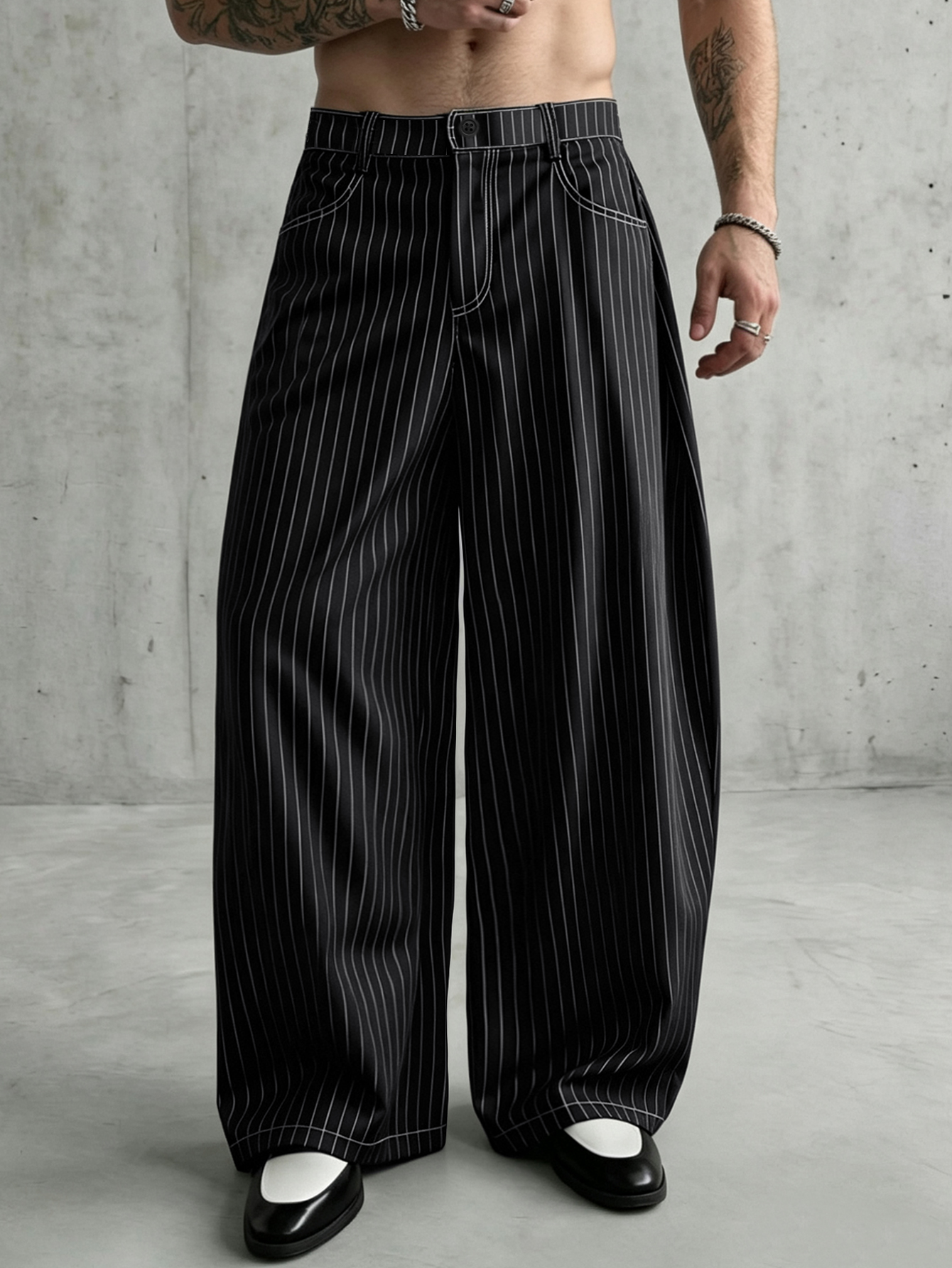 Pantalon large vintage à rayures fines pour homme, coupe banane oversize, anti-plis, ample et décontracté, en mélange polyester et élasthanne