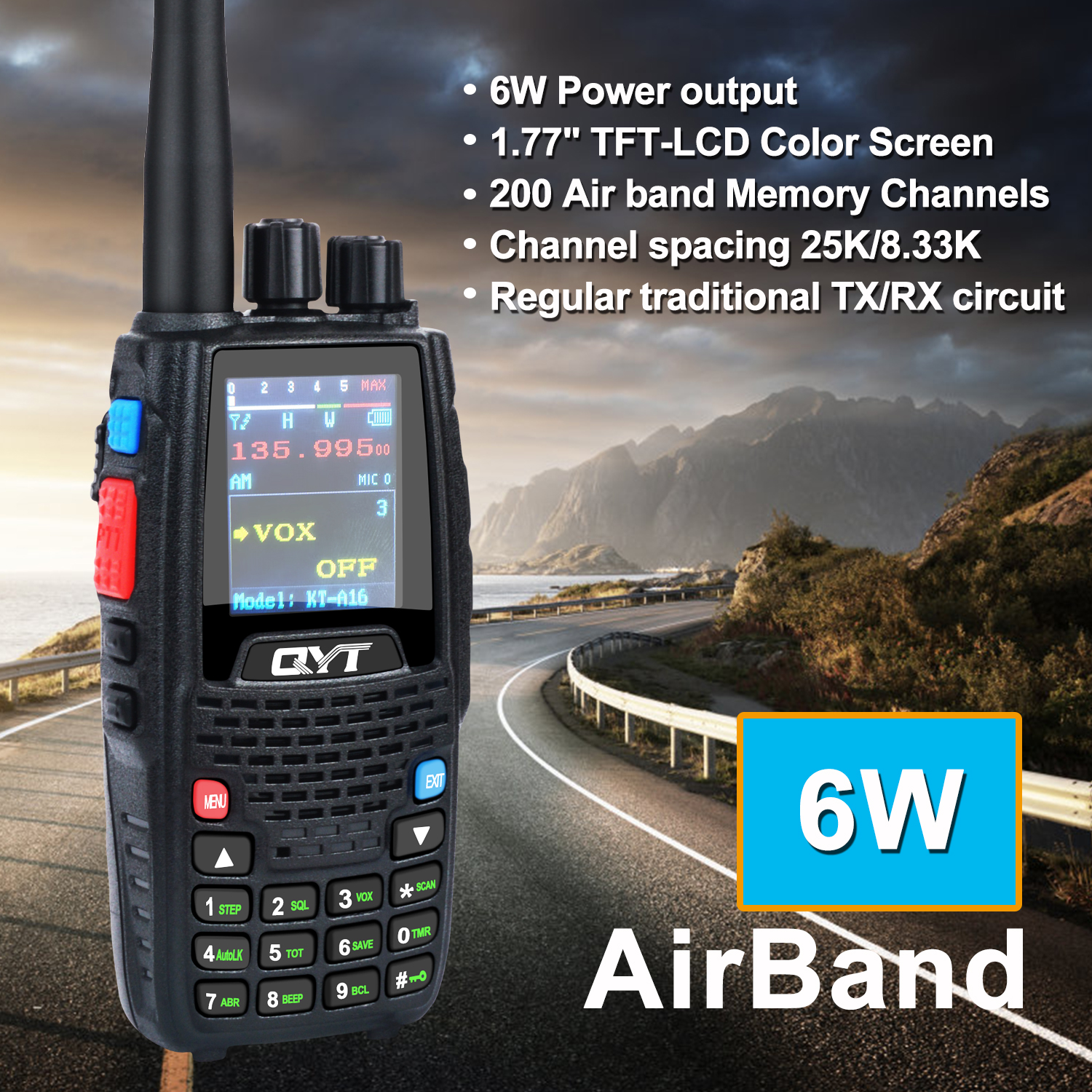 Transmisor de banda aérea Walkie Talkie Tx118.000-136.999MHz,Rx108.0000-136.999MHz 6W 200Ch con canales NOAA Radio VOX QYT KT-A16