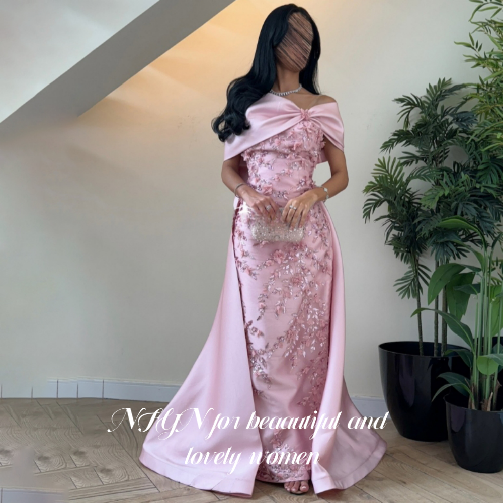 Nfyn rosa elegante vestidos de baile fora do ombro plissado apliques vestido de festa cetim 3d-arco sereia vestidos de noite personalizados