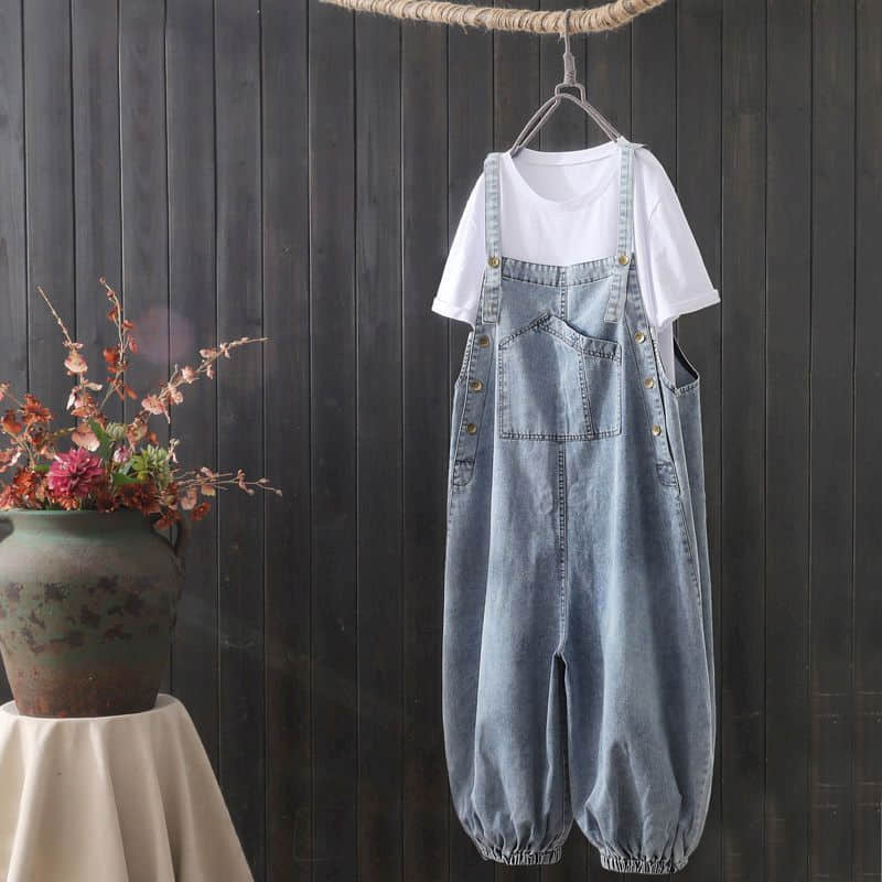 Macacões jeans azuis para mulheres, macacão de grandes dimensões, calças jeans soltas de cintura alta, macacão para mulheres, roupas de uma peça