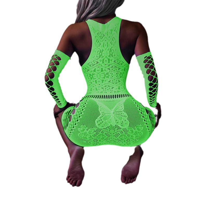 Plus size brilho no escuro bodystockings rasgar fishnet lingerie pura malha ver através oco para fora roupa de noite sensual