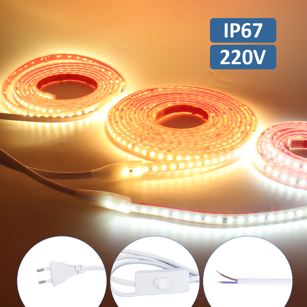 Tira de luces LED AC 220V 230V 2835 impermeable IP67 120LEDs/m lámpara de cinta Flexible blanco frío cálido 1M 2M 3M 5M 10M 20M iluminación del hogar
