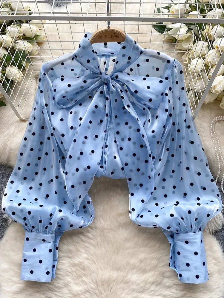 Femmes printemps automne chemise mode français rétro décontracté haut de gamme à pois Blouse avec manches à bulles nœud Design haut S263