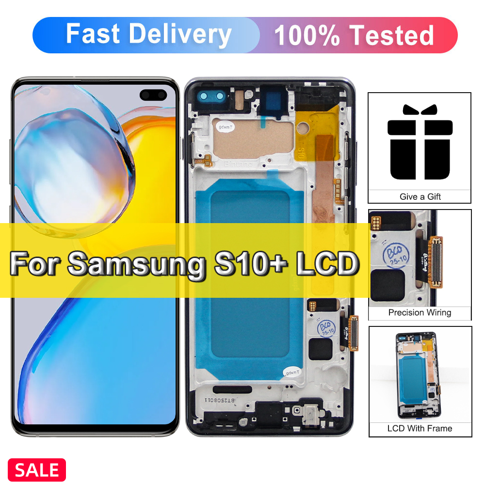 Tela LCD sensível ao toque com moldura para samsung galaxy s10 plus/s10 + g975f, substituição
