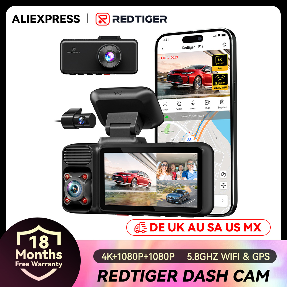 Redtiger F17 4K Dashcam 3 autocamera's 5.8Ghz Wifi Dashcam voor IR nachtzicht auto DVR voor Wifi Dashcam ingebouwde GPS WDR
