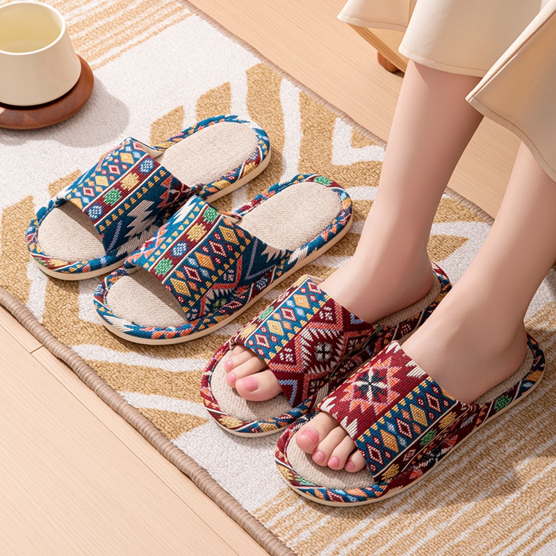 Chanclas de lino estilo étnico para mujer y hombre, antideslizantes, informales, para parejas, sandalias retro con bloques de color y punta abierta para el hogar y la playa