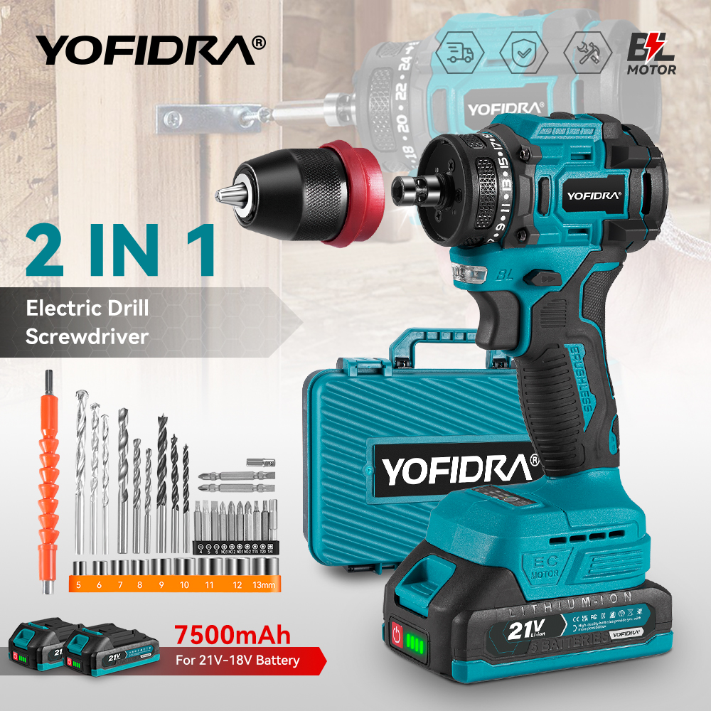 ไขควงไฟฟ้าไร้สาย YOFIDRA 2 in 1 แบบไม่มีแปรงถ่าน พร้อมฟังก์ชั่นสว่านกระแทกอเนกประสงค์ ใช้กับแบตเตอรี่ Makita 21V