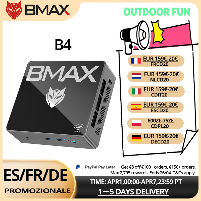 Mini PC BMAX Mini B4 Barebone, Procesador Intel N95, Gráficos UHD, 16 GB, SSD de 512 GB, Wi-Fi de Doble Banda, Bluetooth 4.2, 2.4 GHz/5 GHz