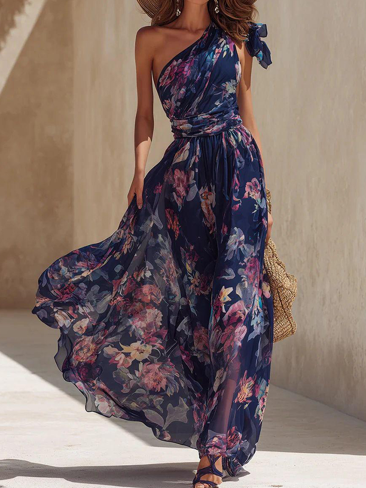 Robe longue élégante et chic à col asymétrique, robe de soirée sans manches pour femme, idéale pour les vacances d'été, robe imprimée asymétrique à une épaule pour femme, collection 2026