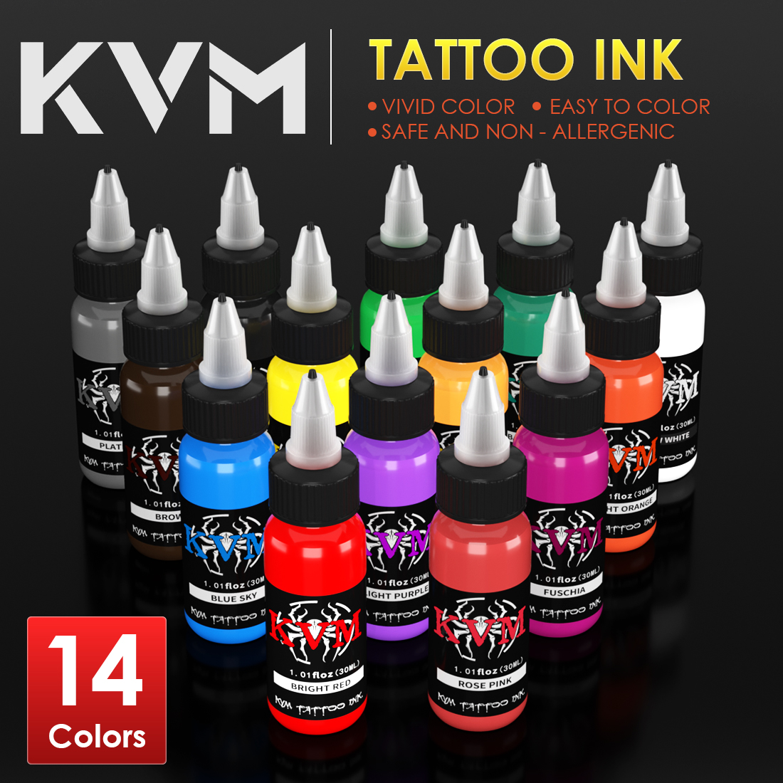 KVM 1 oz (30 ml) 7/14 Kleuren Professionele Tattoo inkt voor Body Art Natuurlijke Plantaardige Micro Pigment Permanente Tattoo Inkt voor Body Paint