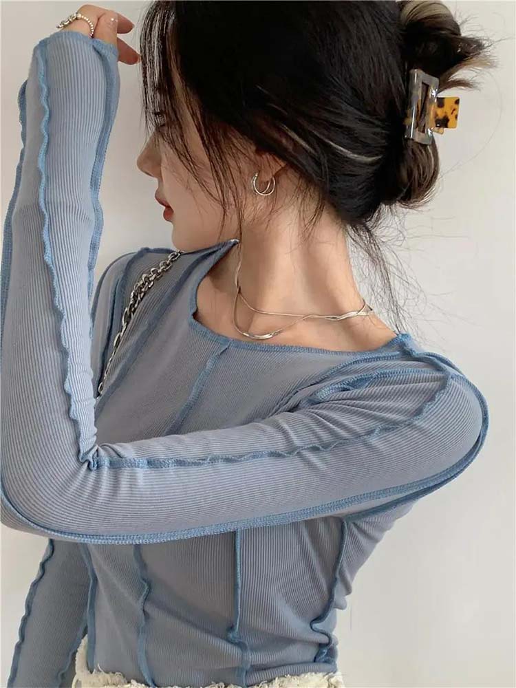 Camisetas de manga longa com decote em O feminino, elegante linha brilhante decoração, fina, casual, macia, roupas femininas, monocromáticas, alta qualidade, primavera
