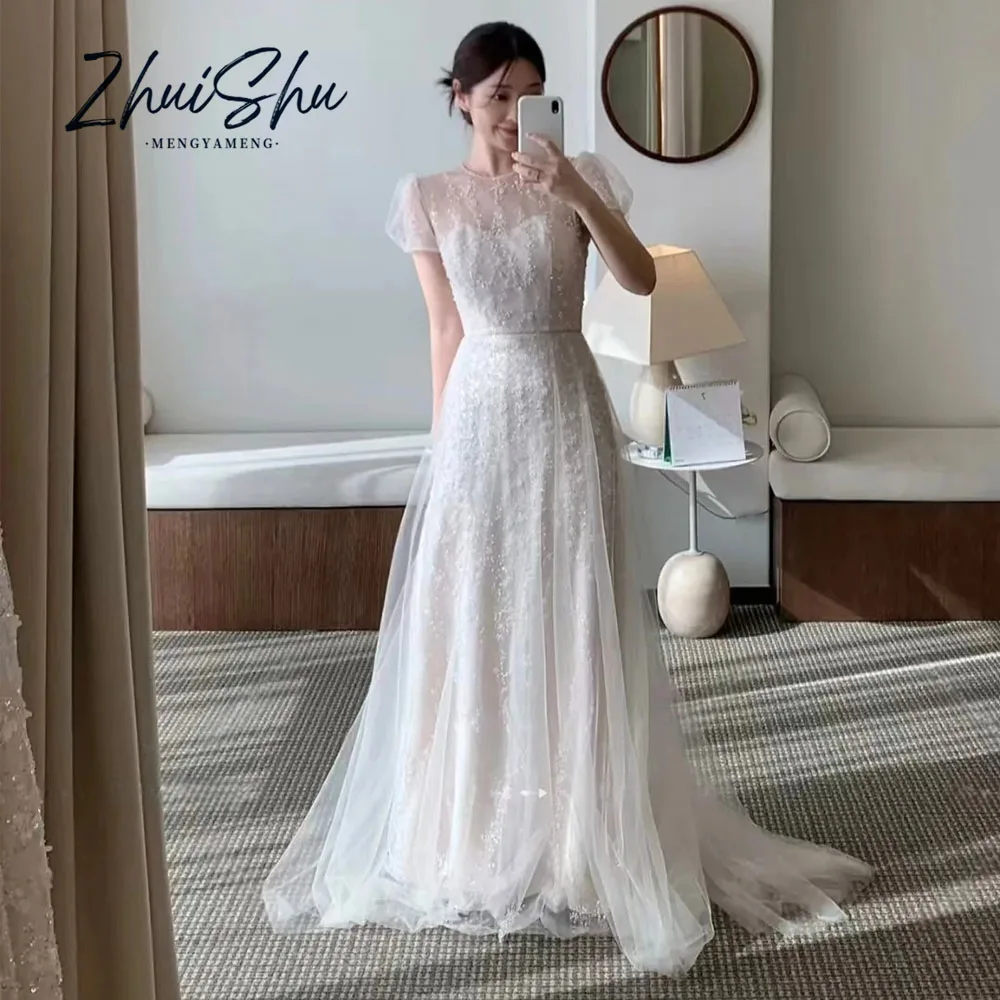 Charming Short Sleeves Wedding Party Dress Tulle A-Line Beads Korea Photo Shoot Bridal Reception Gown Customized 웨딩드레스