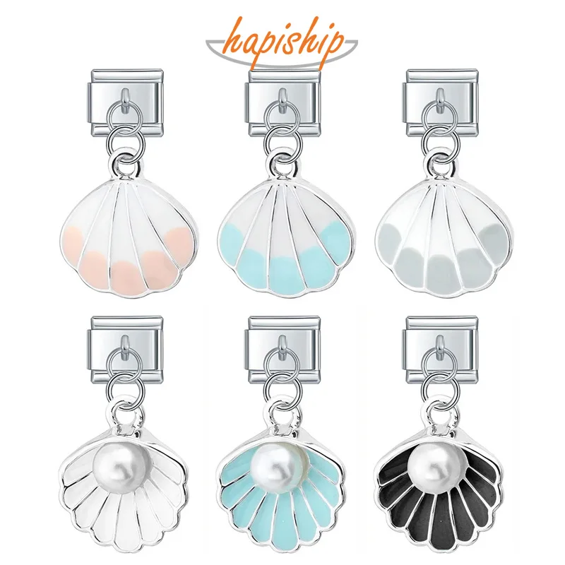 Hapiship Popular Fashion Sweet Colour Glaze Alloy Shell Charm Links Fit 9mm Bracelet Stainless Steel Jewelry DIY Making DJ415
