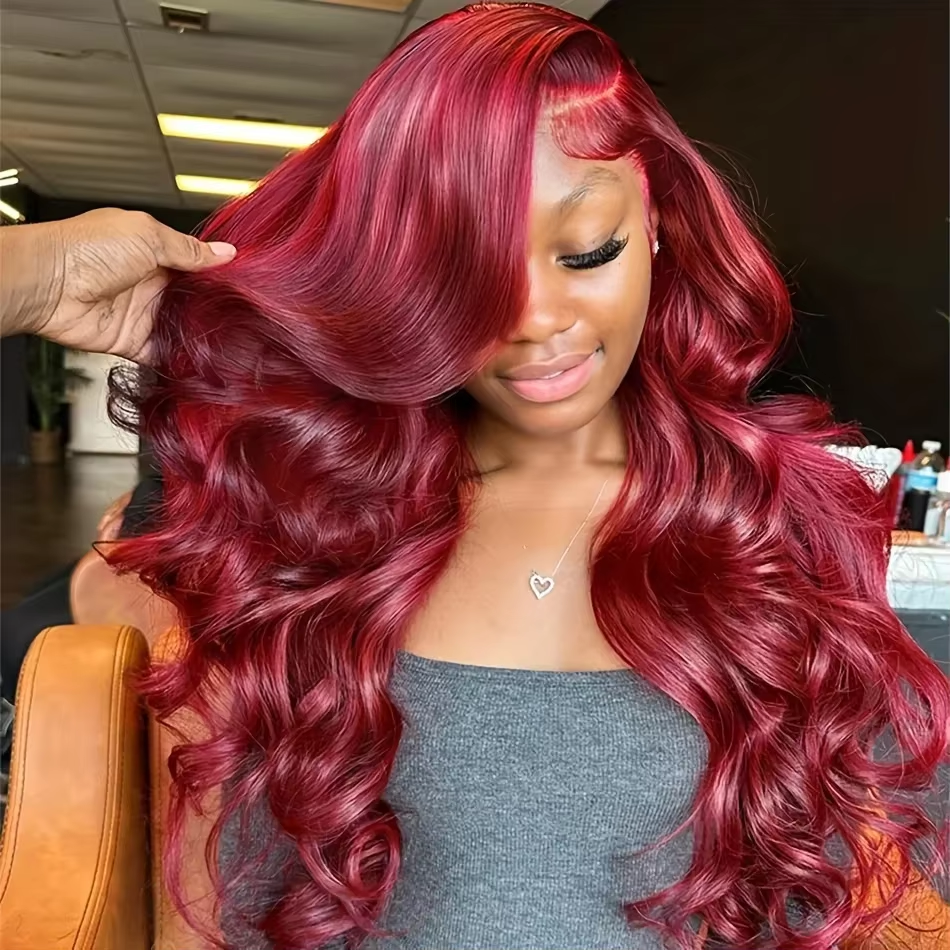 Peruka z ludzkich włosów brazylijskich, fala body wave, kolor burgund 99J, 34 cale, z siatką HD Lace Front 13x6, peruka typu lace frontal 13x4, bezklejowa peruka z zamknięciem.