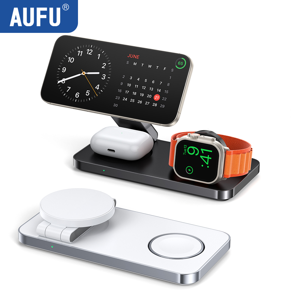 Stazione di ricarica wireless magnetica pieghevole AUFU 3 in 1, dock di ricarica rapida per MagSafe, per iPhone 17, Apple Watch, AirPods
