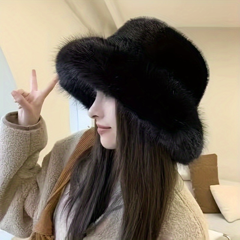 Moda pele do falso grande balde chapéu para mulheres russo cossaco fofo inverno envoltório chapéu fuzzy balde chapéu oversized rosa vinho vermelho