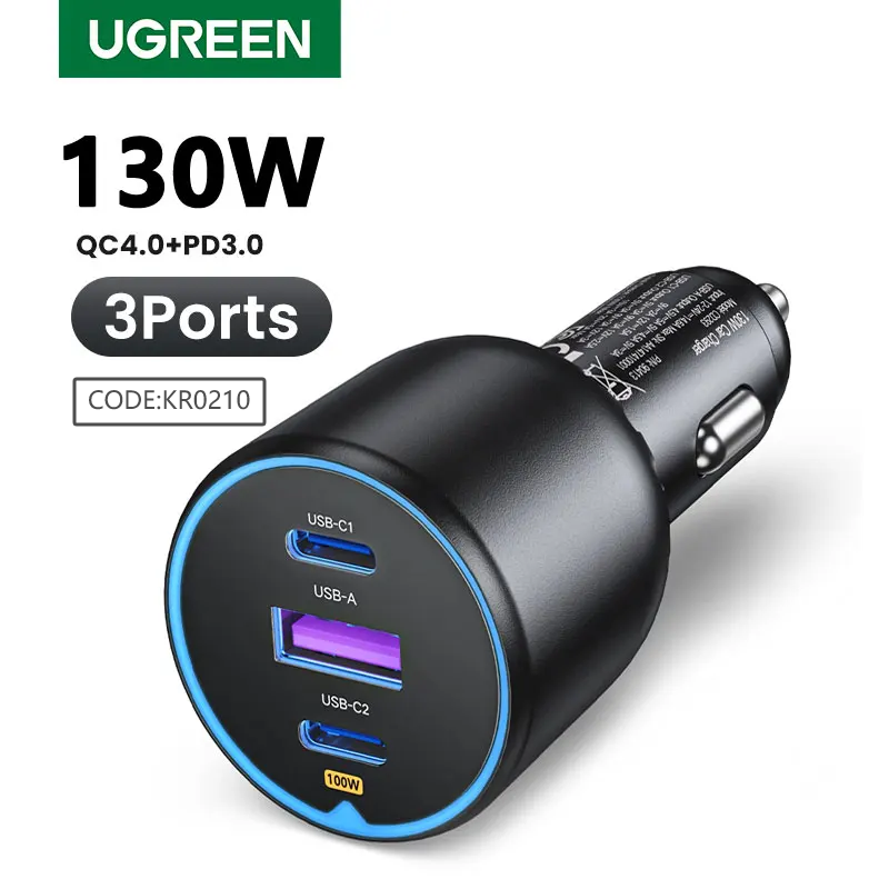 UGREEN 130W USB C cargador de coche para Xiaomi iPhone 17 Samsung Galaxy S25 portátiles Tabet PD3.0 carga rápida USB tipo C cargador de coche
