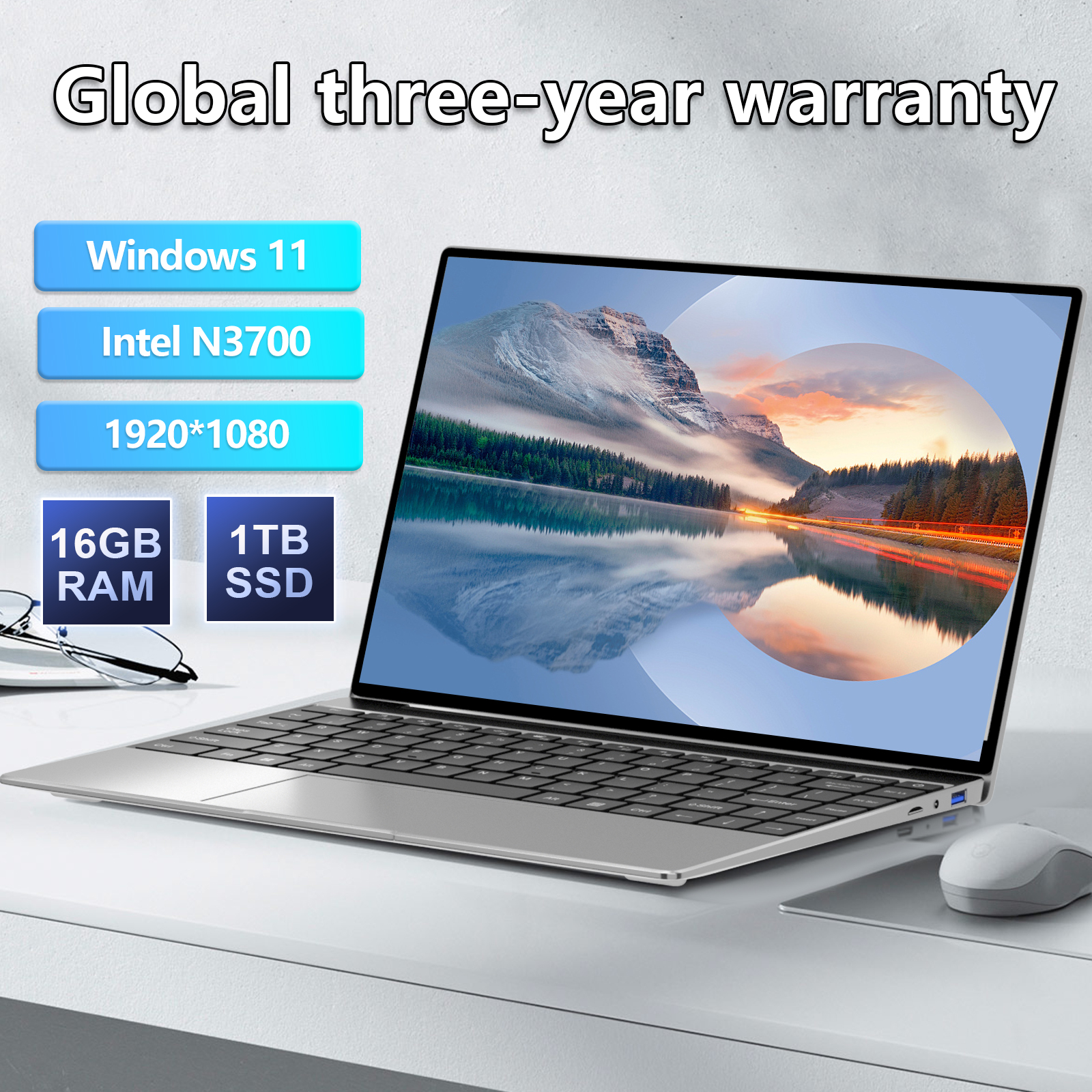 Ultra Slim Windows 11 Pro Laptop, Computador, PC, Escritório, Estudo, PC, Intel Pentium N3700, 16GB, 1024GB, 1920x1080 Display, 2020