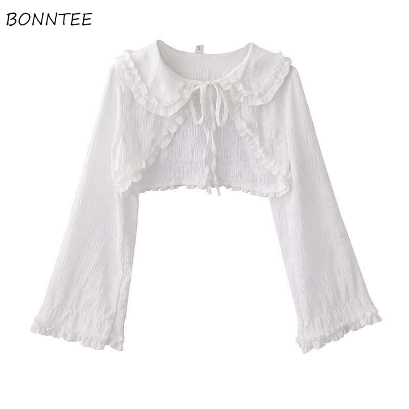 Chaquetas recortadas para mujer, estilo dulce Lolita, diseño de volantes, ajustado con cordones, Vintage, romántico, protector solar de primavera, prendas de vestir populares femeninas