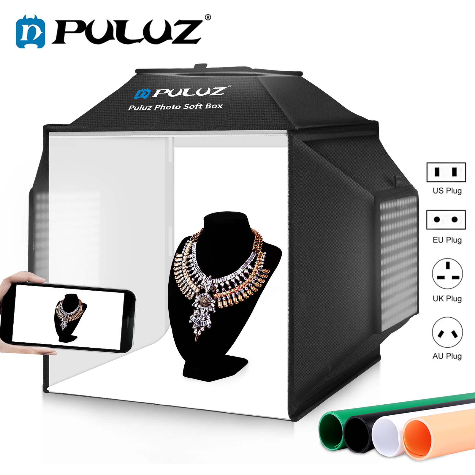 Puluz Boîte à lumière pour studio photo 40 cm/15,8 pouces, toile de fond 4 couleurs, kit de boîte à lumière pour photo 72 W 5500 K, kit de boîte à lumière pliable pour studio de photographie