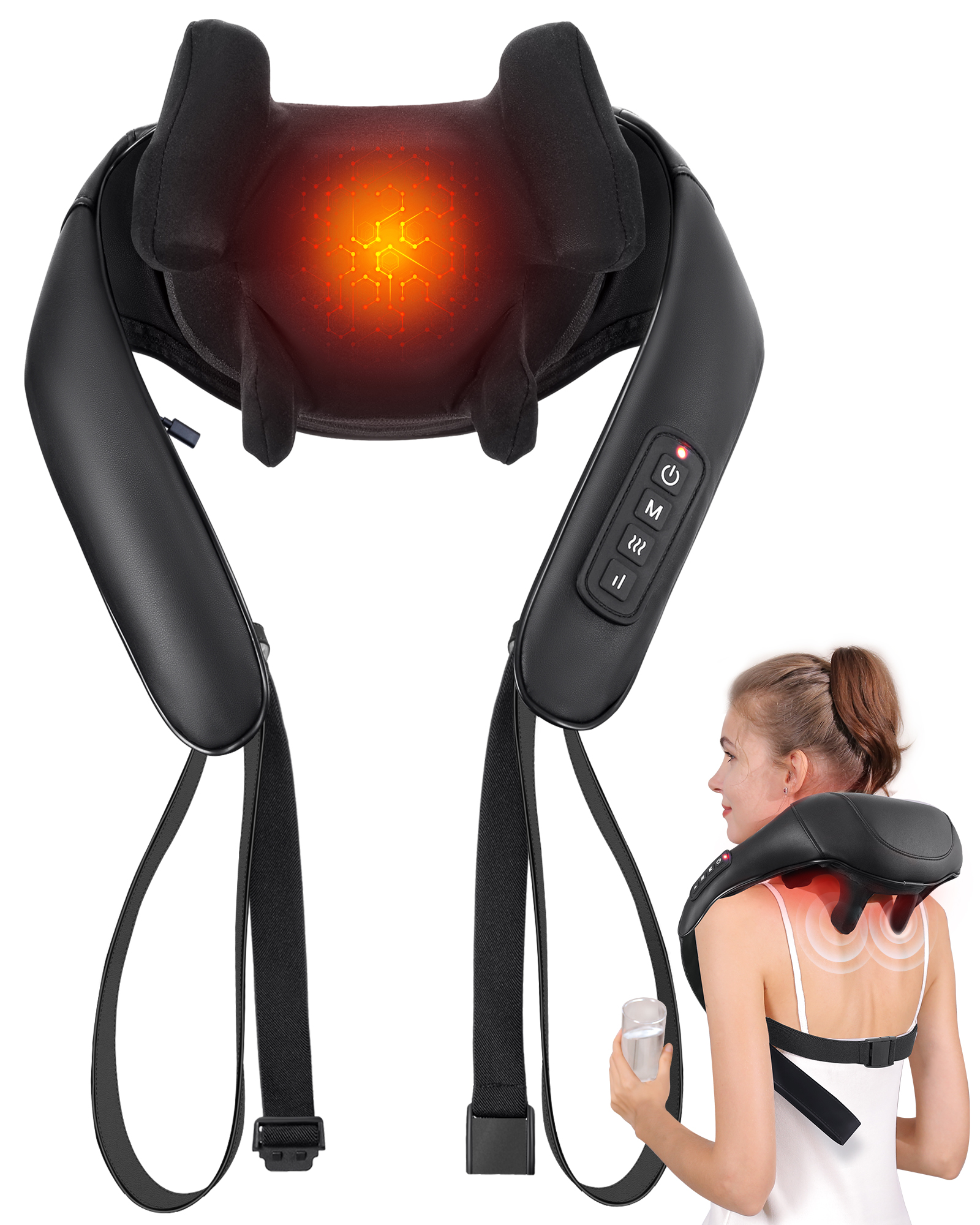 Masgre Shiatsu Nackenmassagegerät, kabelloses Schultermassagegerät mit Wärme, elektrisches Deep Tissue 3D-Knetmassagekissen