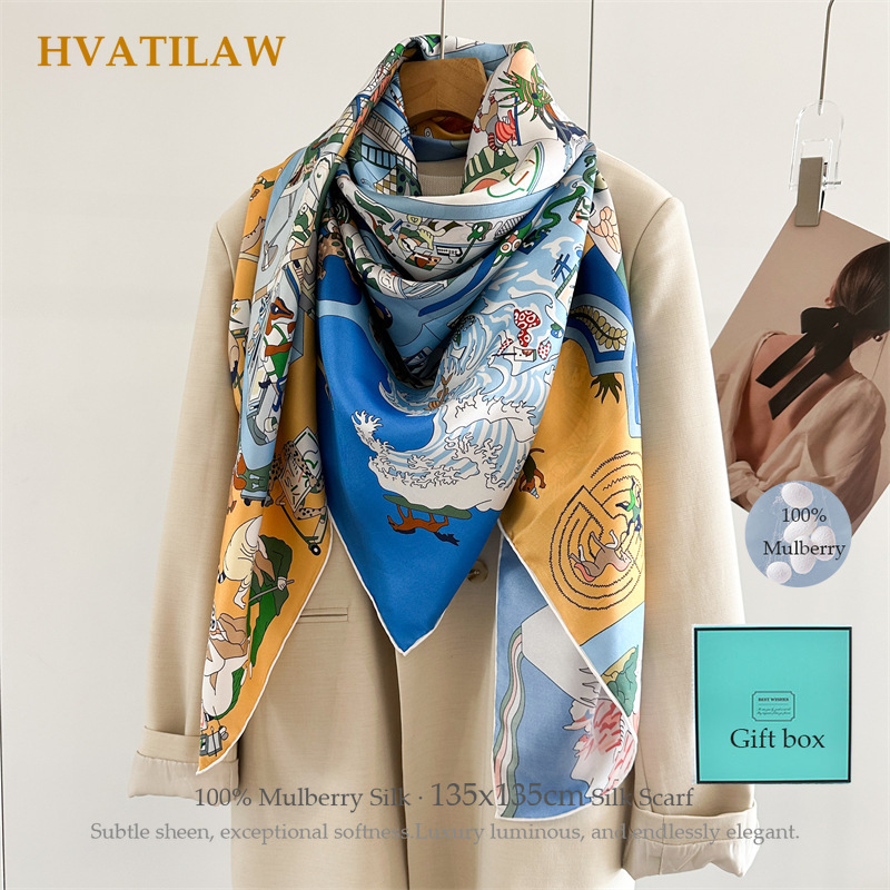 Syal Sutra Murbei Murni 100% Wanita 135*135cm Syal Persegi Besar Motif Kuda Mewah Elegan Selendang Sutra Bandana Kotak Hadiah