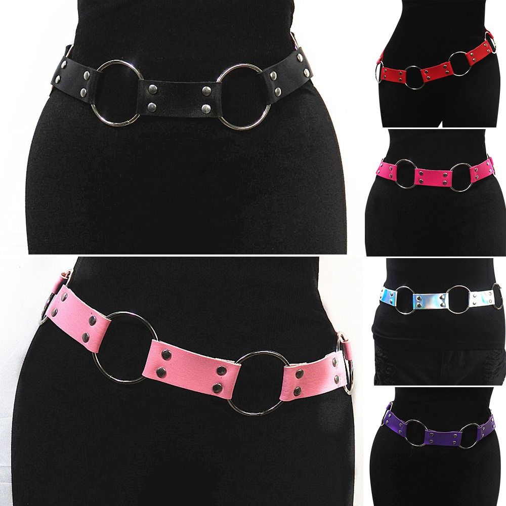 Ceinture gothique punk en métal pour femme, anneau de cercle, design broche en argent, structure cuir, ceinture noire, jeans, environnement de taille, mode