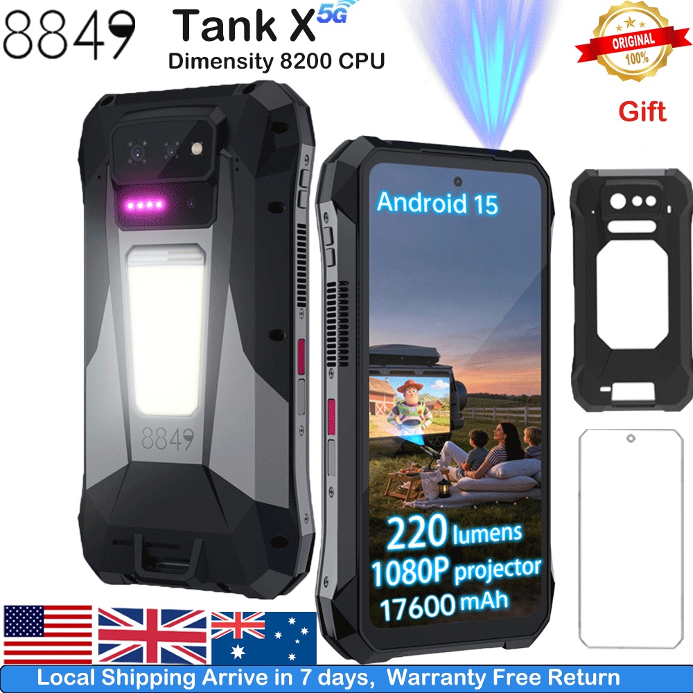 8849 Tank X Unihertz 220 Lumens Proyektor Ponsel Pintar Tangguh Mendukung 1080P 5G AI Android 15 17600mAh 512GB Dimensity 8200