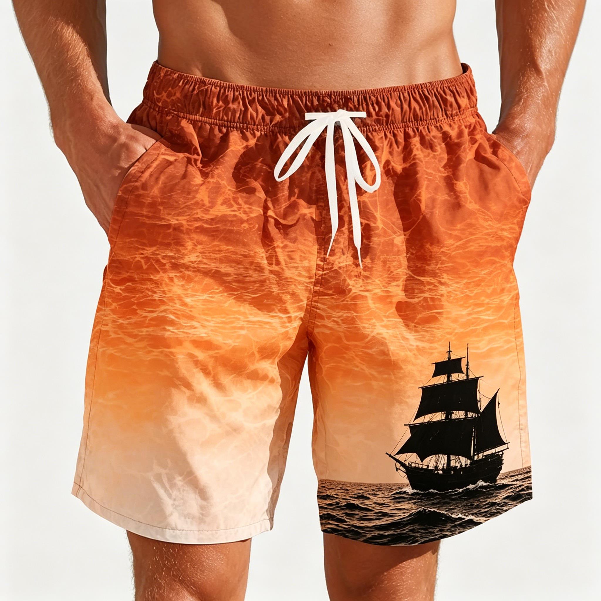 Pantalones cortos con cordón y estampado de barco pirata Sunset Ocean para hombre, bañadores sueltos informales para uso en la playa en primavera y verano