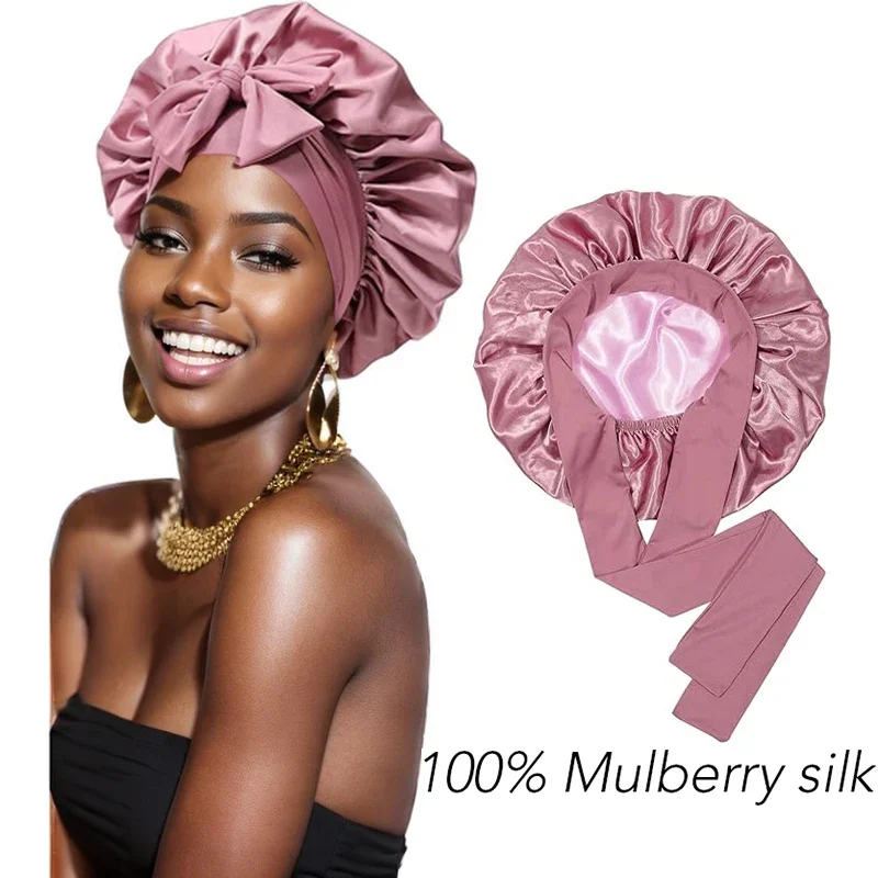 Fascia larga regolabile da donna con cuffia per dormire in seta di gelso al 100% per trecce, protezione per capelli ricci |   Accessori per la cura dei capelli