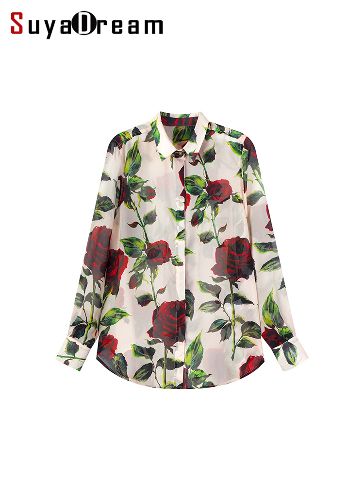 SuyaDream, Women Floral Shirts, 100%Real Silk, Printed Blouses, 2025 Spring Summer Silk Top